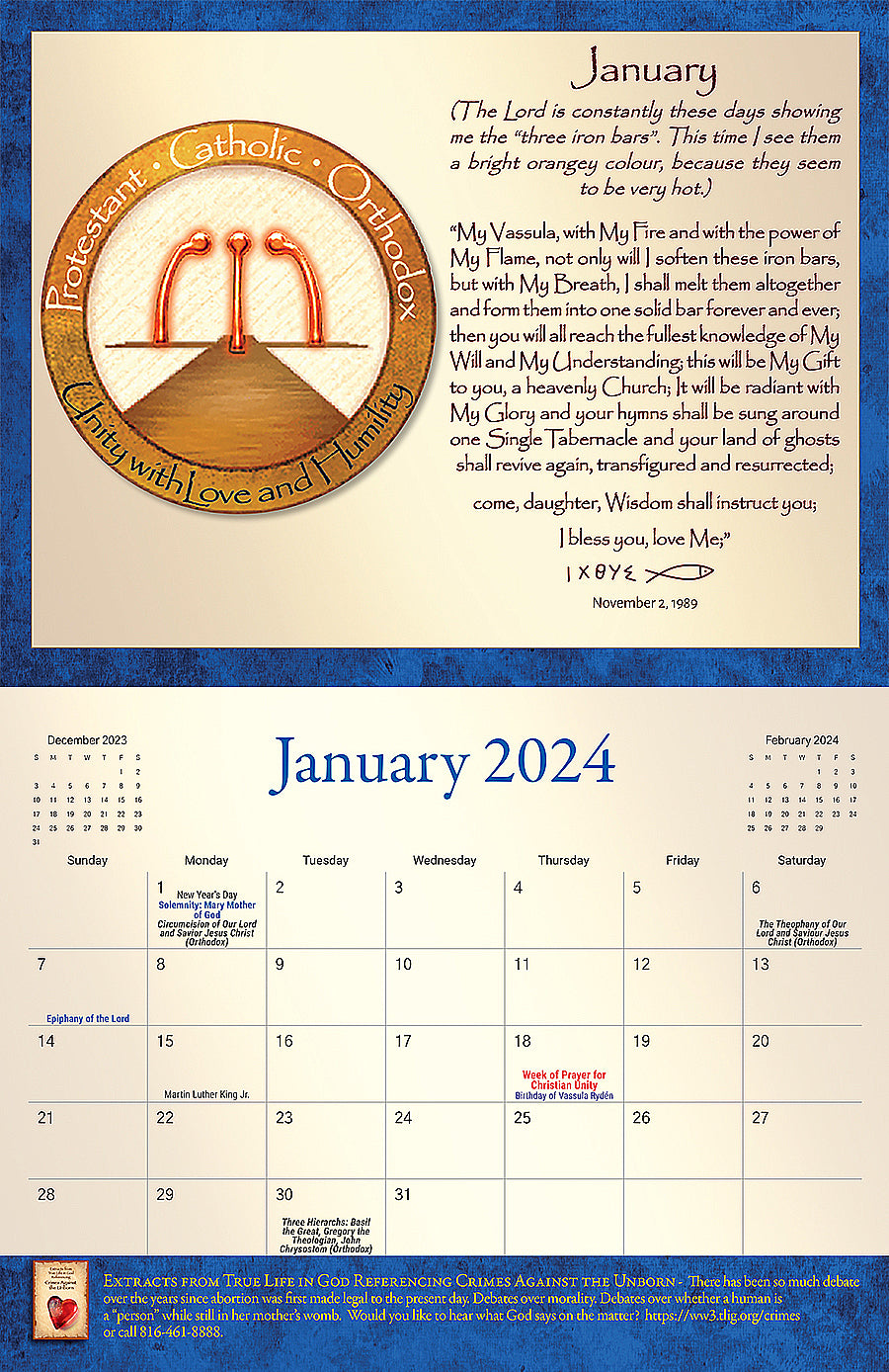 TLIG 2024 Religious Ecumenical Evangelizing Calendar;  Each month has a TLIG Message