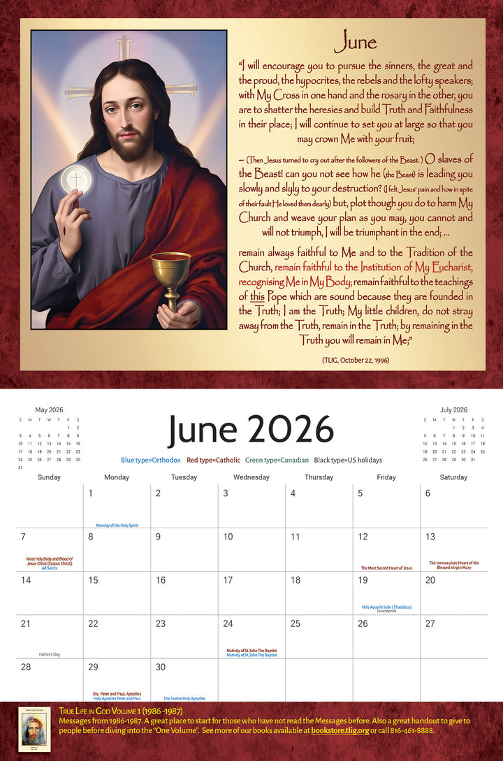 TLIG 2026 Religious Ecumenical Evangelizing Calendar; Each month has a TLIG Message